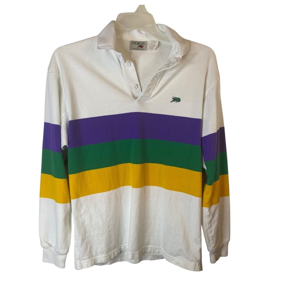 Perlis Mens Mardi Gras Crawfish Long Sleeve Polo Shirt White Striped Small USA